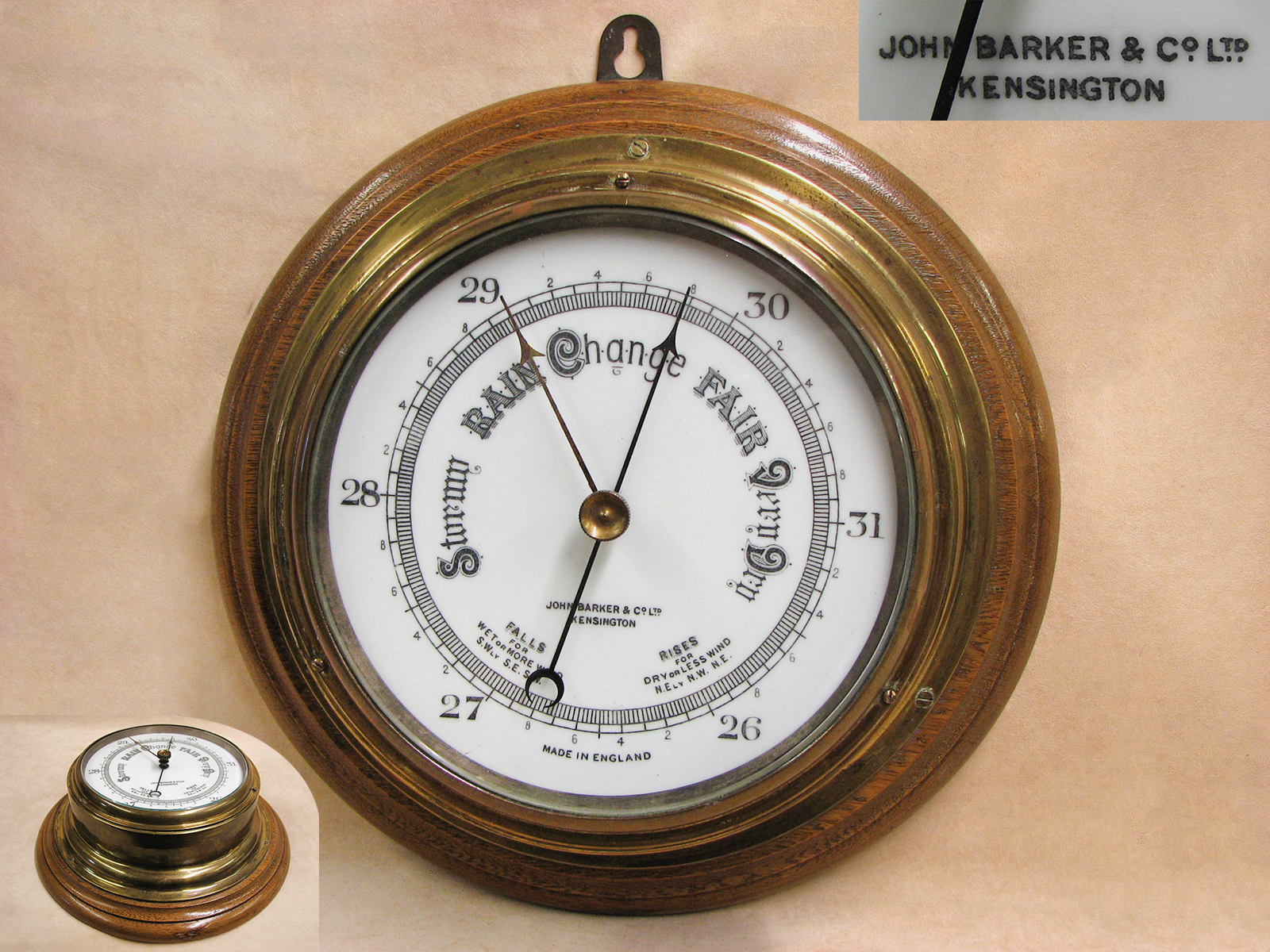 Antique Ships aneroid bulkhead barometer signed John Barker Kensington